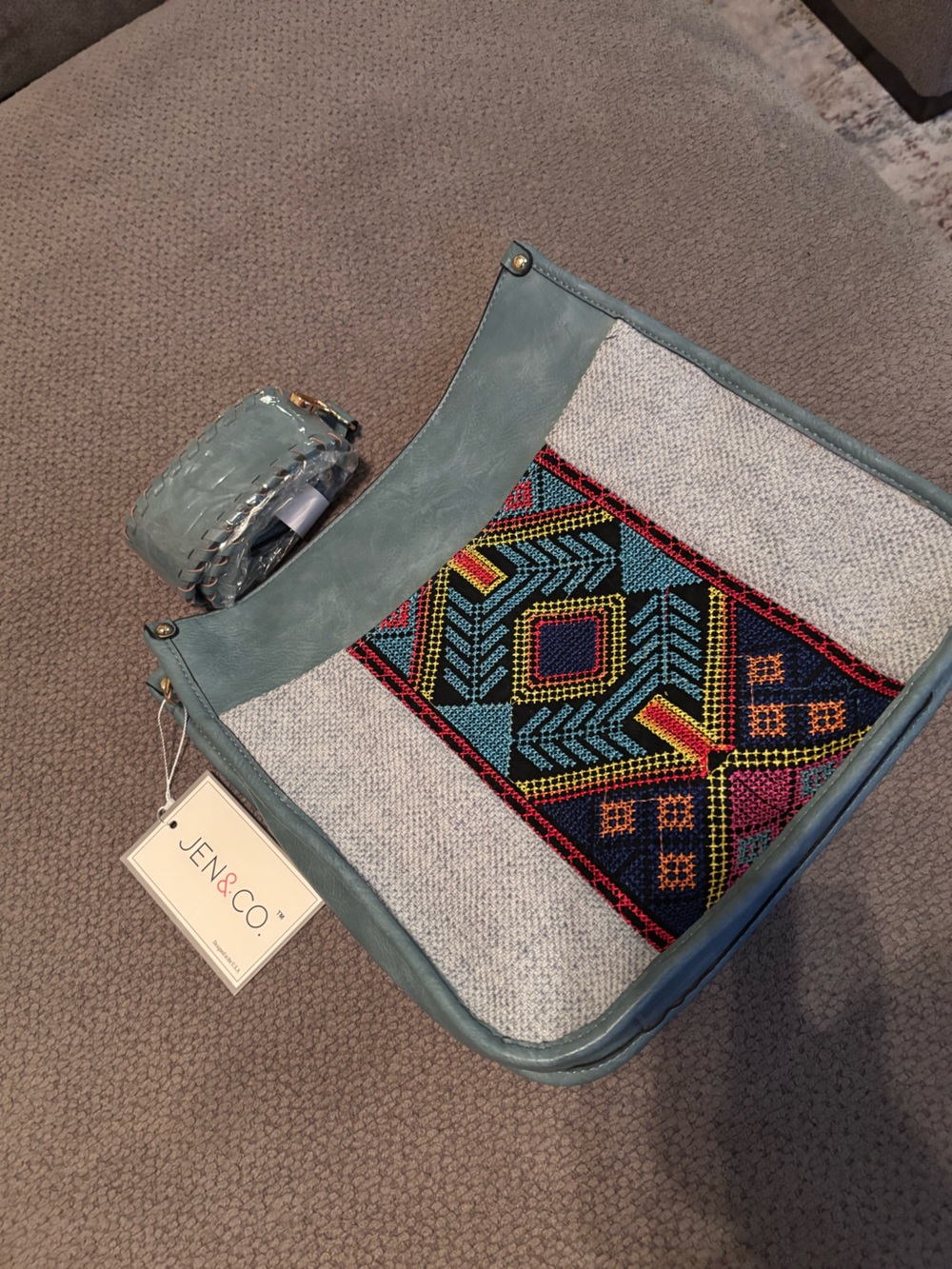 JEN & CO. Seafoam Green Embroidered Crossbody Bag